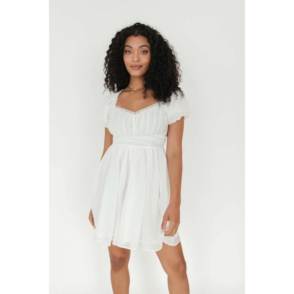 The Post Riley Puff Sleeve Sweetheart Babydoll Mini Dress Ivory Womens Large
